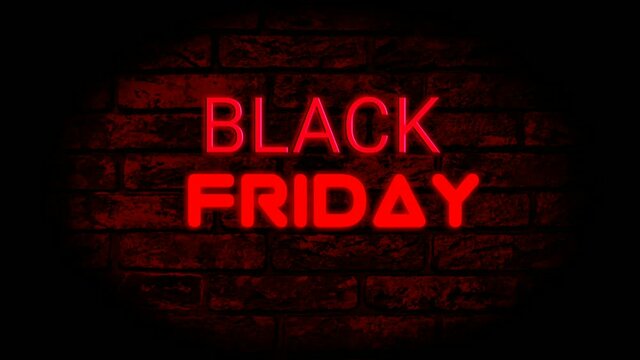 neon sign Black friday text animation fluorescent light glowing banner brick wall background.  text neon lights signboard at night using as store sign or restaurant.4k video