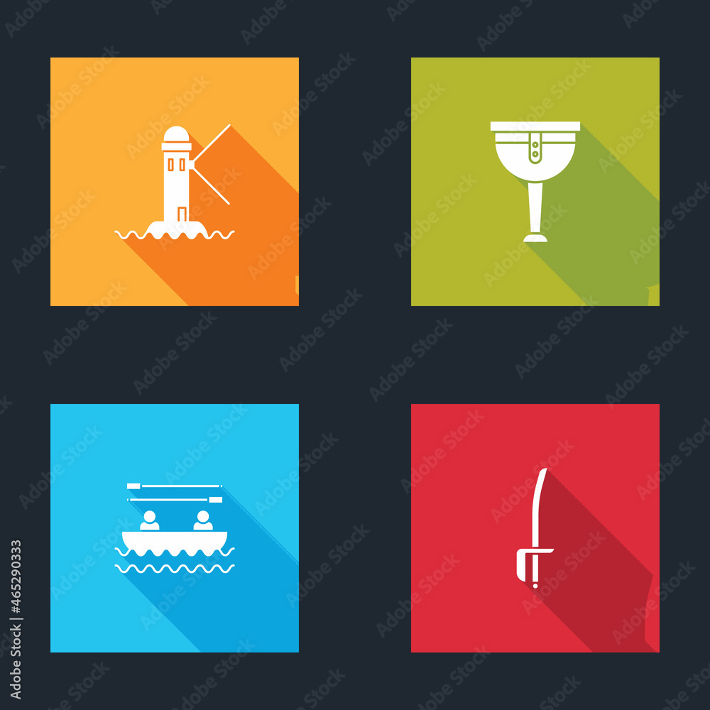 Sticker Set Lighthouse, Wooden pirate leg, Boat with oars and Pirate sword icon. Vector