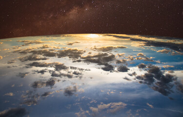 Photo montage of sky with clouds and Milky Way.