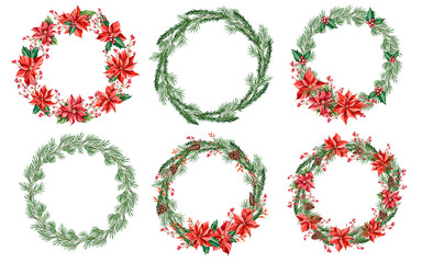 Christmas wreath, white background. Green pine, fir branches, cones, red berries. Nature design. Greeting card, poster template. Christmas holidays