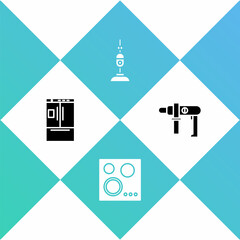 Set Refrigerator, Gas stove, Vacuum cleaner and Electric drill machine icon. Vector