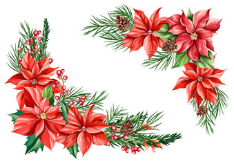 Christmas flower arrangements with Fir twigs and poinsettia flowers