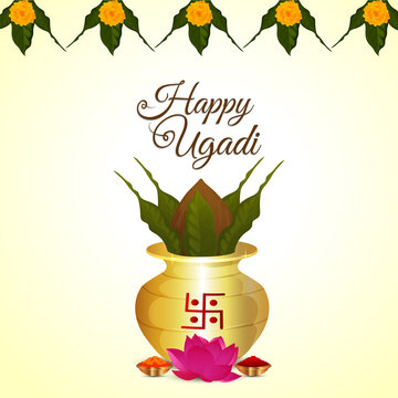 Happy Ugadi Background With Garland Flower And Kalash