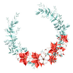 Christmas wreath, white background. Green pine, fir branches, cones, red berries. Nature design. Greeting card, poster template. Christmas holidays