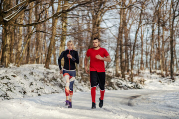 Naklejka premium Sporty couple jogging together in nature at snowy winter day. Relationship, winter fitness, cardio exercises
