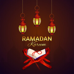 Ramadan kareem creative islamic festival with holy book kuran and arabic lantern