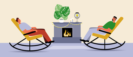 LGBTQ couple by the fireplace, rocking chair, Flat vector stock illustration with Gay men or LGBT people together at home