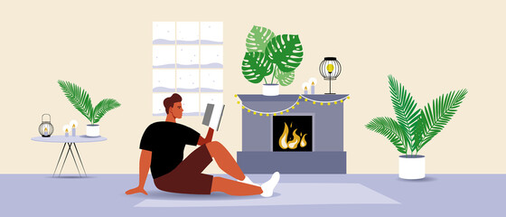 Man reading by the fireplace, hygge home in winter, flat vector stock illustration with winter interior, snowfall and person with book
