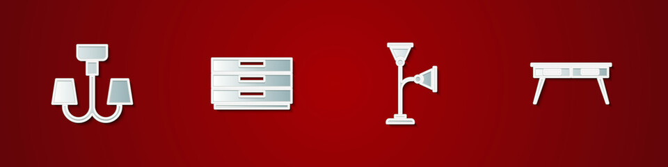 Obraz premium Set Chandelier, Chest of drawers, Floor lamp and Office desk icon. Vector