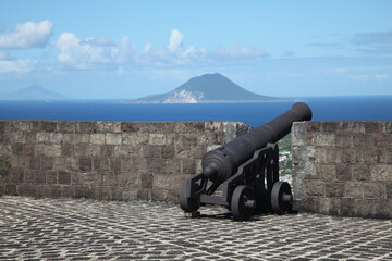 The restored British canon at Brimstone Hill Fortress in Saint Kitts and Nevis in West Indies. This...