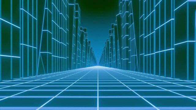 3D wireframe city street loop animation