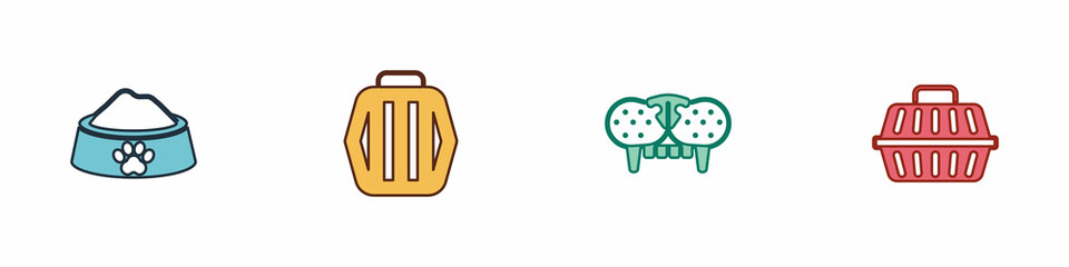 Set Pet food bowl, carry case, Cat tooth and icon. Vector