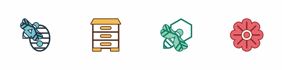 Set Hive for bees, , Bee and honeycomb and Flower icon. Vector