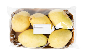 Packed and labeled yellow pear on isolated white background