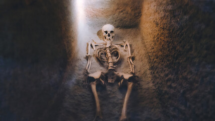 Skeleton in tomb. The skeleton of the princess. Archaeological excavations and finds, a detail of...