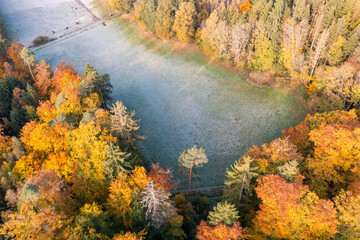 Bird's eye view of a small sewage treatment plant in the Taunus / Germany in autumn 