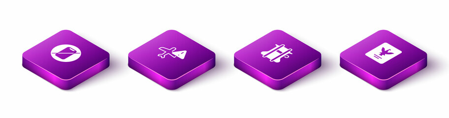 Set Isometric No cell phone, Warning aircraft, Parachute and Passport icon. Vector