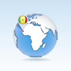 Obraz premium Senegal - country map and flag located on globe, world map.