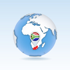 South Africa - country map and flag located on globe, world map.