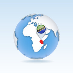 Tanzania - country map and flag located on globe, world map.