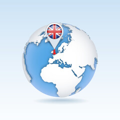 United Kingdom - country map and flag located on globe, world map.
