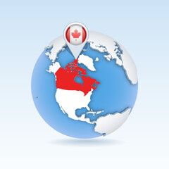 Canada - country map and flag located on globe, world map.