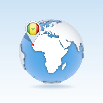 Senegal - country map and flag located on globe, world map.