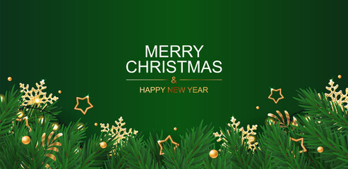 Christmas greeting card with stars and snowflakes on green background.