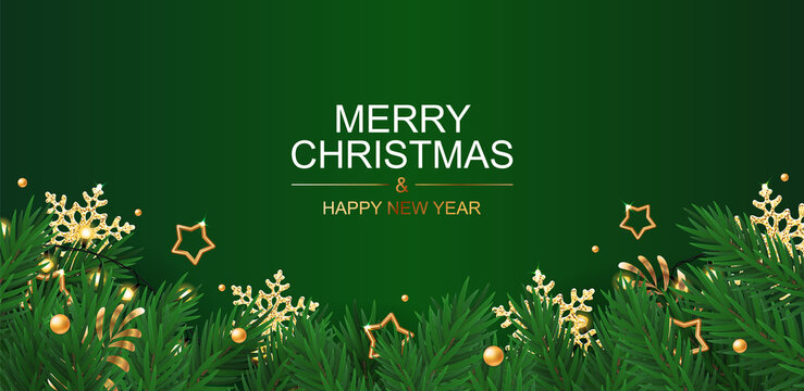Christmas greeting card with stars and snowflakes on green background.