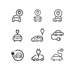 Fototapeta premium Electric car icon set. Electrical automobile cable contour and plug charging black symbol. Eco friendly electro auto vehicle concept. Vector electricity illustration