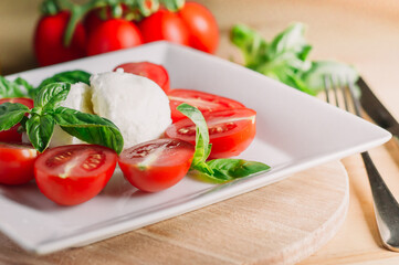 Caprese salad with mozarella cheese,tomatoes and basil on a white plate