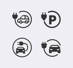 Electric car icon set. Electrical automobile cable contour and plug charging black symbol. Eco friendly electro auto vehicle concept. Vector electricity illustration