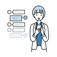 立ってスマートフォンで楽しくチャットで会話するジャケットの女性