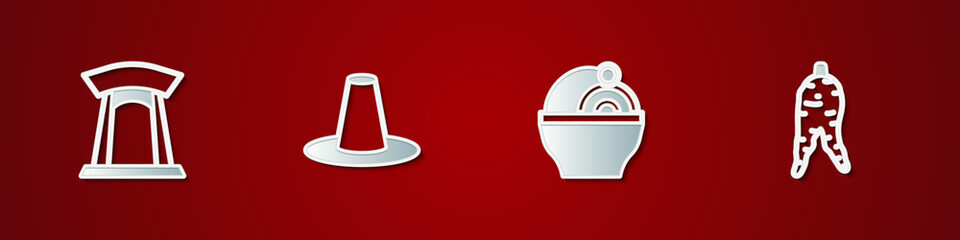 Set Korean gate, hat, Ramen and Ginseng root icon. Vector