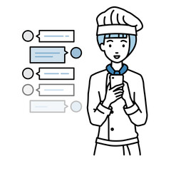 立ってスマートフォンで楽しくチャットで会話する調理師の女性