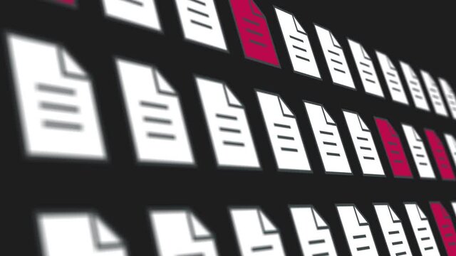 Animation of onscreen documents affected by virus. Documents marked red as virus infected. Computer virus.