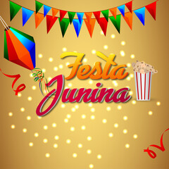 Festa junina invitation cards with guitar and paper lantern on white background