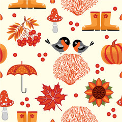 Vector illustration of autumn icons. Seamless pattern - autumn. Beige background. Pumpkin, umbrella, mountain ash, bullfinches. Background for fabric, book, album, postcard, advertisement, magazine.