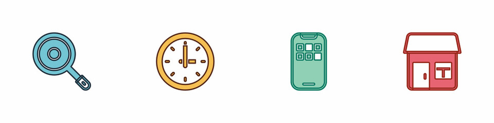 Set Frying pan, Clock, Mobile Apps and House icon. Vector