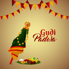 Fototapeta premium Gudi padwa indian festival background with creative kalash and puja thali