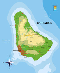 Barbados island highly detailed physical map