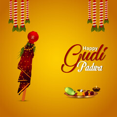 Gudi padwa celebration greeting card with creative traditional kalash and background
