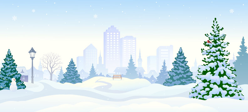 Vector illustration of a snowy city park, winter landscape panorama