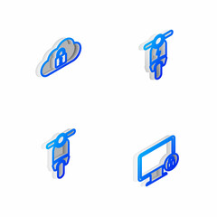 Set Isometric line Electric scooter, Cloud computing lock, Scooter and Lock on monitor icon. Vector
