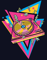 Colorful drawn funky musical turntable emblem - obrazy, fototapety, plakaty