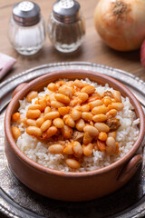 Traditional Turkish cuisine. Kuru Fasulye . Haricot Beans, rice and beans (Turkish name; pilav ustu kuru fasulye)