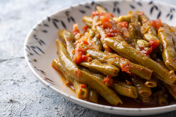 Traditional delicious Turkish food; Green beans with olive oil; Turkish name; Zeytinyagli taze fasulye