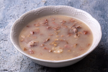 Traditional delicious Turkish food, Turkish traditional tripe soup; iskembe corbasi and offal soup, Turkish Meat Soup Kelle Paca (Turkish name; Kelle paca corbasi)