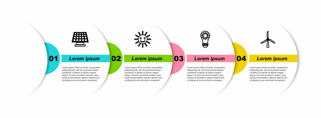 Set line Solar energy panel, Cute sun with smile, and Wind turbine. Business infographic template. Vector