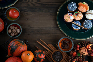 Halloween  concept. Cookies and decorations prepared for Halloween.